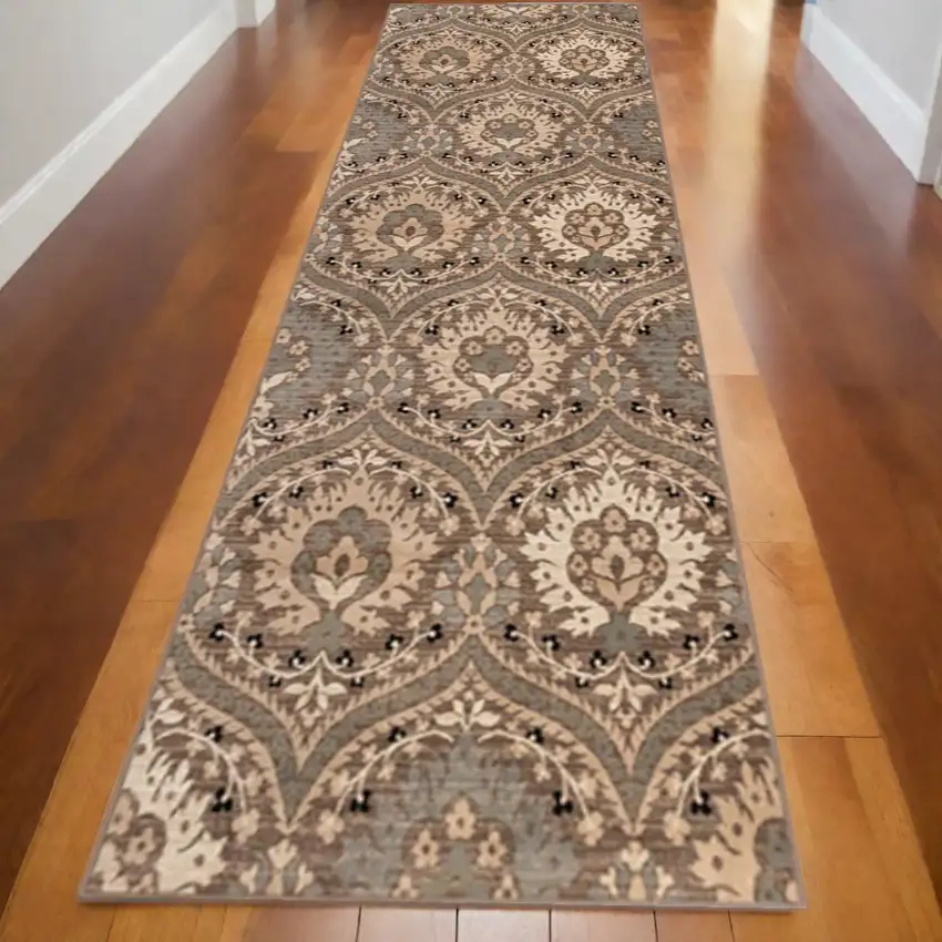 10' Ivory Beige And Light Blue Floral Stain Resistant Runner Rug Photo 1