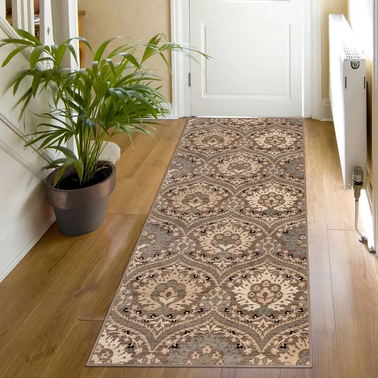 10' Ivory Beige And Light Blue Floral Stain Resistant Runner Rug Photo 2