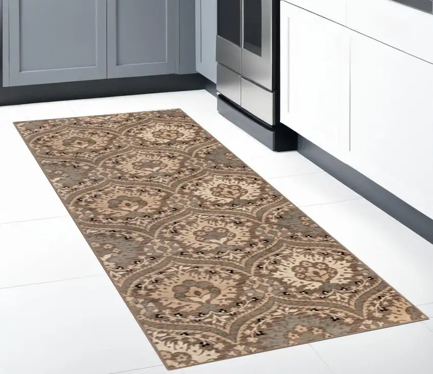8' Ivory Beige And Light Blue Floral Stain Resistant Runner Rug Photo 1