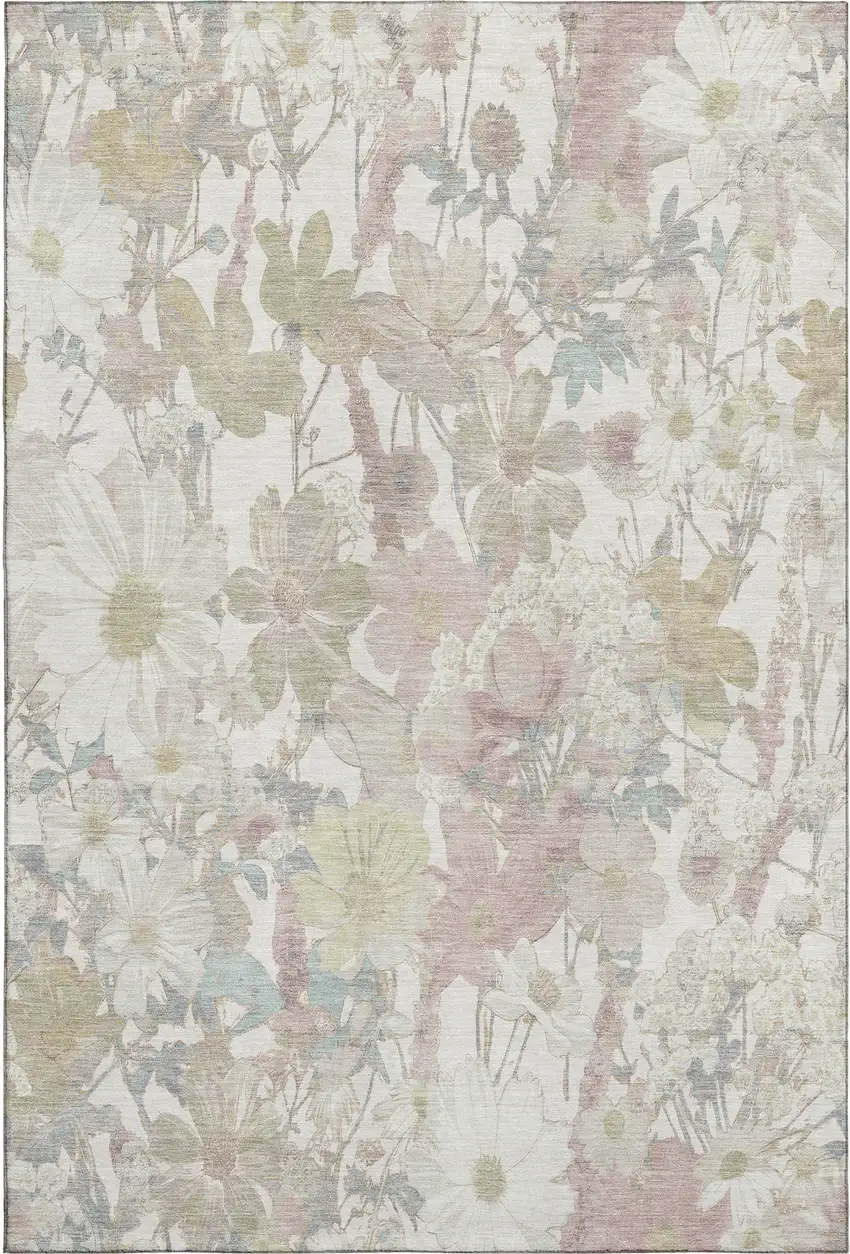 8' Ivory Beige And Linen Floral Washable Area Rug With UV Protection Photo 1