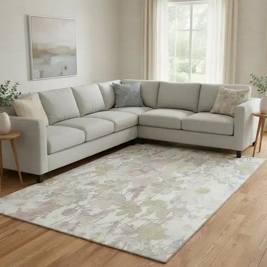 8' Ivory Beige And Linen Floral Washable Area Rug With UV Protection Photo 2