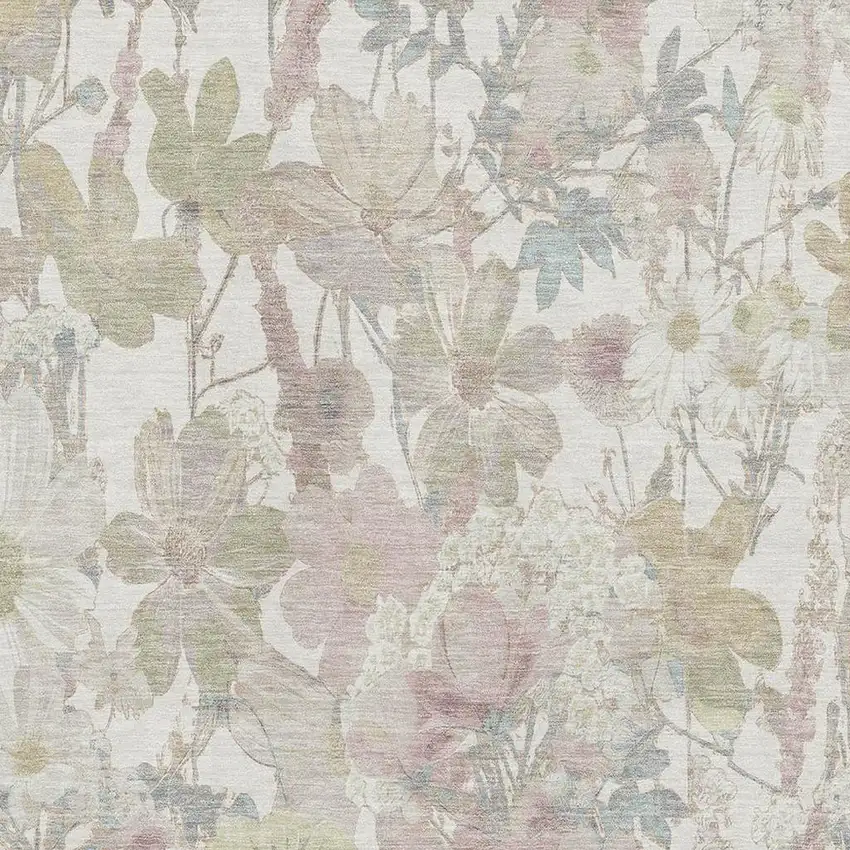 8' Ivory Beige And Linen Floral Washable Area Rug With UV Protection Photo 2