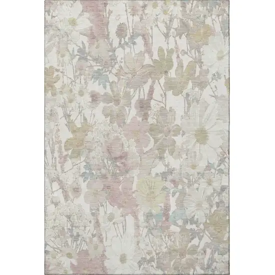 8' Ivory Beige And Linen Floral Washable Area Rug With UV Protection Photo 3