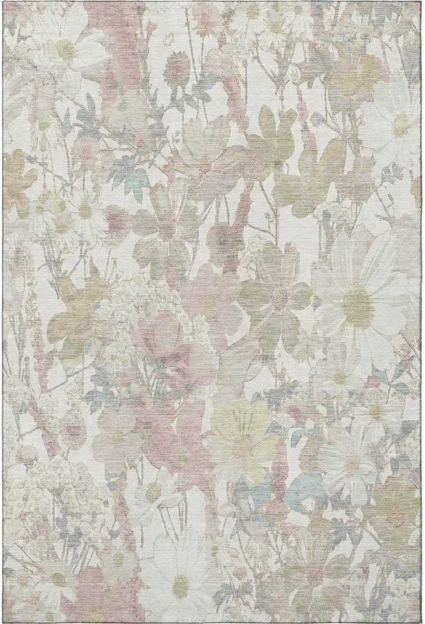 8' Ivory Beige And Linen Floral Washable Area Rug With UV Protection Photo 3