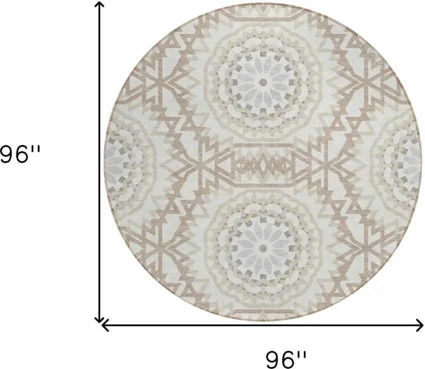 8' Ivory Beige And Silver Round Floral Medallion Washable Indoor Outdoor Area Rug Photo 7