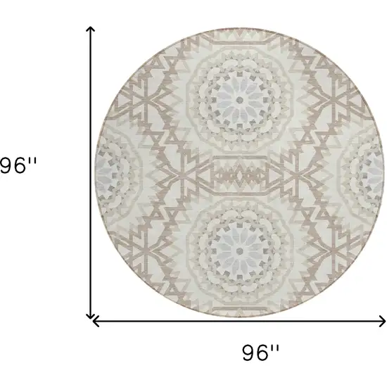 8' Ivory Beige And Silver Round Floral Medallion Washable Indoor Outdoor Area Rug Photo 7