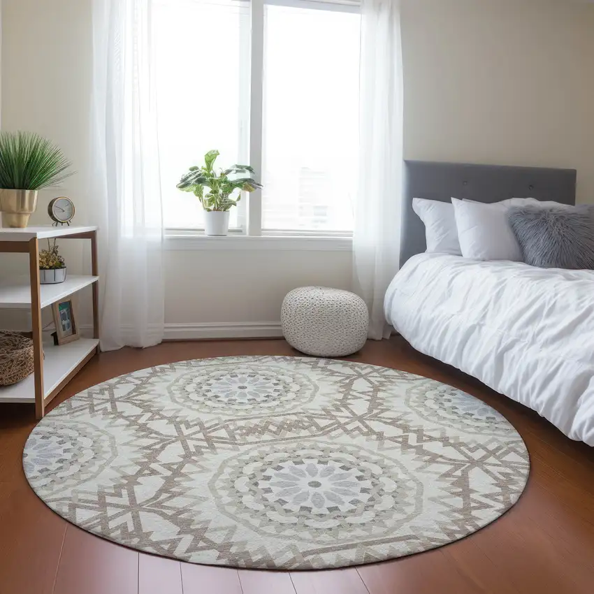 8' Ivory Beige And Silver Round Floral Medallion Washable Indoor Outdoor Area Rug Photo 6