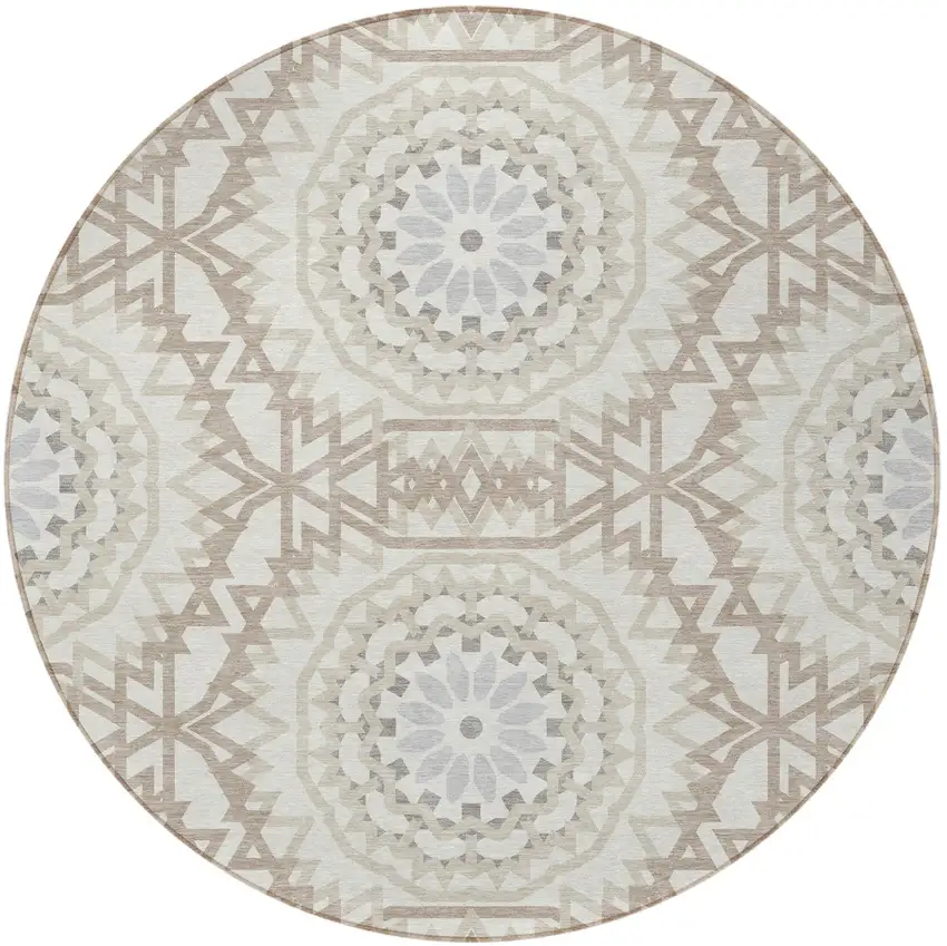 8' Ivory Beige And Silver Round Floral Medallion Washable Indoor Outdoor Area Rug Photo 4