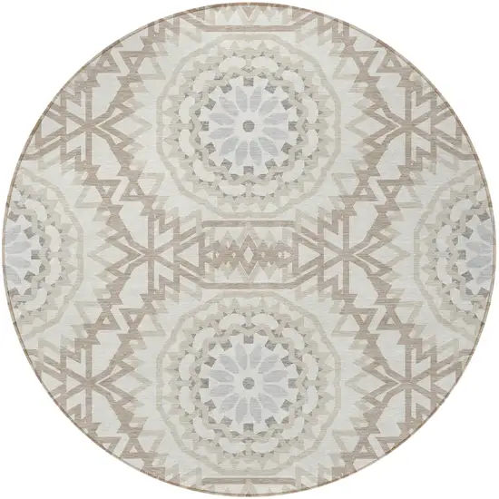 8' Ivory Beige And Silver Round Floral Medallion Washable Indoor Outdoor Area Rug Photo 4