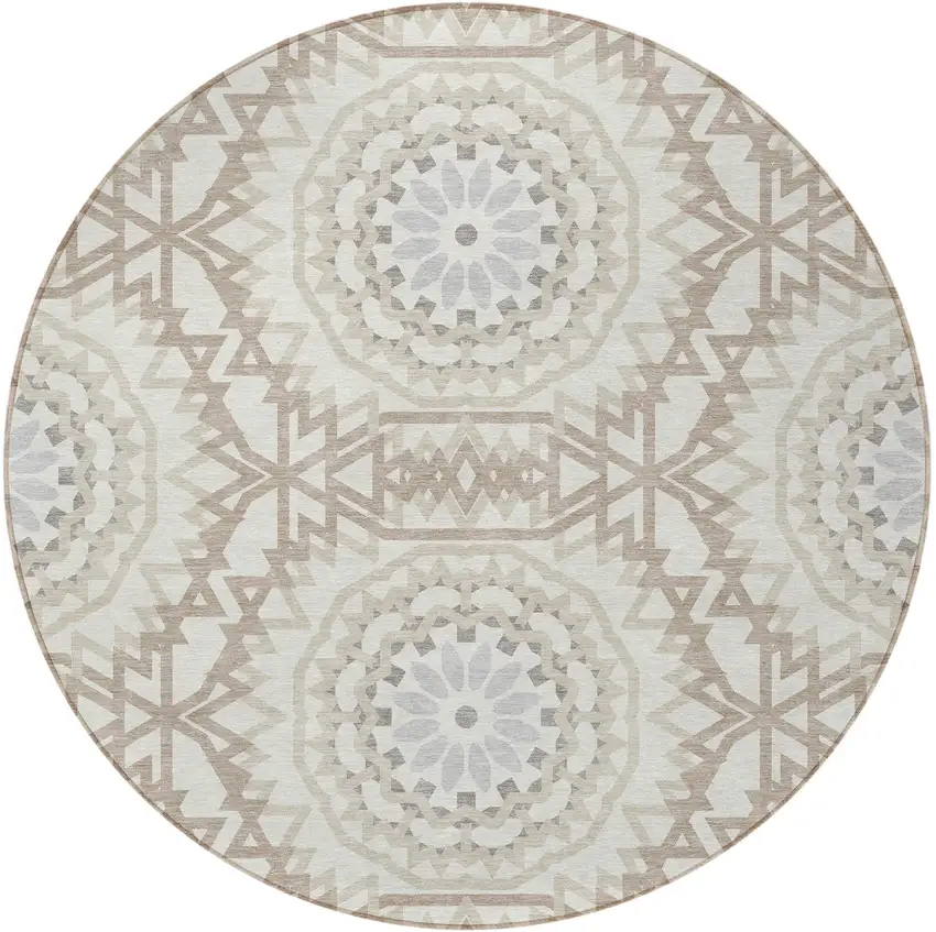 8' Ivory Beige And Silver Round Floral Medallion Washable Indoor Outdoor Area Rug Photo 4