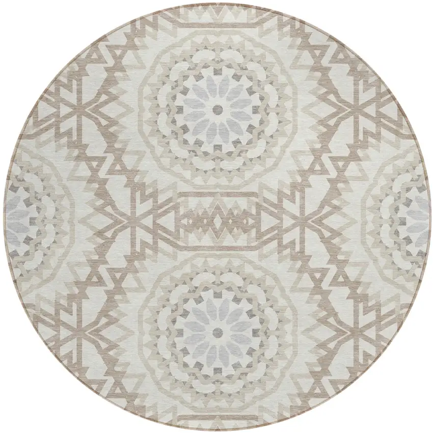 8' Ivory Beige And Silver Round Floral Medallion Washable Indoor Outdoor Area Rug Photo 2