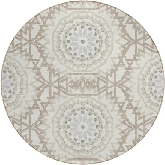 8' Ivory Beige And Silver Round Floral Medallion Washable Indoor Outdoor Area Rug Photo 2