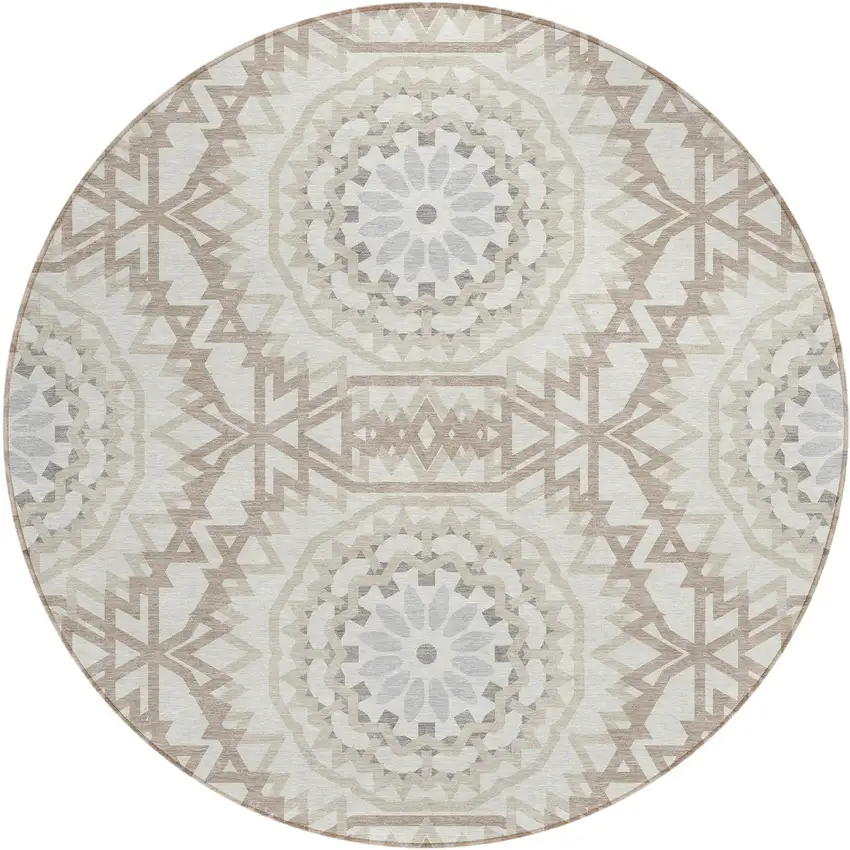 8' Ivory Beige And Silver Round Floral Medallion Washable Indoor Outdoor Area Rug Photo 2
