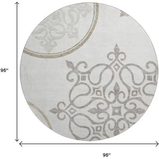 8' Ivory Beige And Tan Floral Medallion Washable Round Rug With UV Protection Photo 8