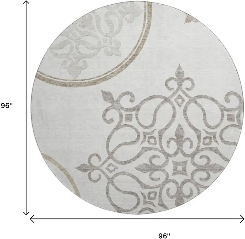8' Ivory Beige And Tan Floral Medallion Washable Round Rug With UV Protection Photo 8