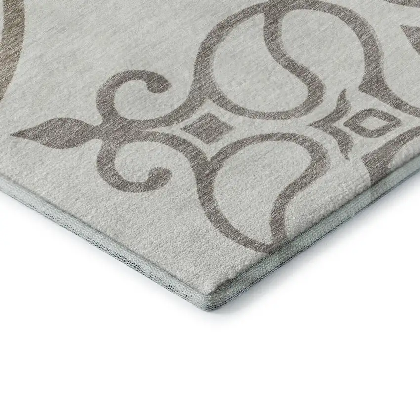 8' Ivory Beige And Tan Floral Medallion Washable Round Rug With UV Protection Photo 7