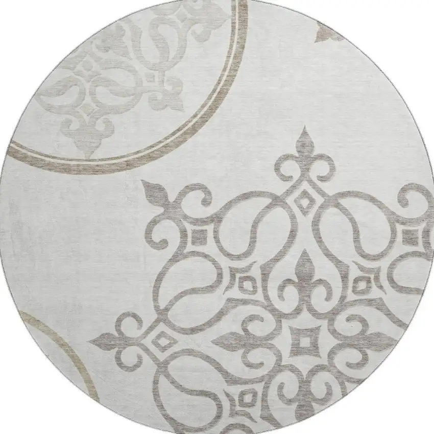 8' Ivory Beige And Tan Floral Medallion Washable Round Rug With UV Protection Photo 4