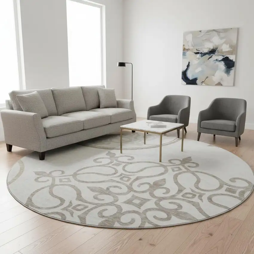 8' Ivory Beige And Tan Floral Medallion Washable Round Rug With UV Protection Photo 2