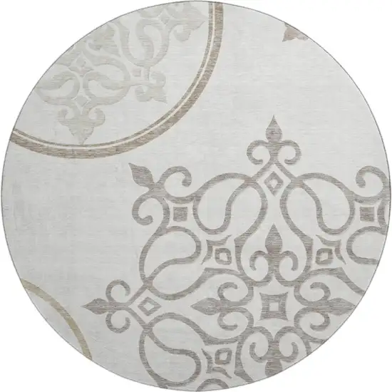 8' Ivory Beige And Tan Floral Medallion Washable Round Rug With UV Protection Photo 1