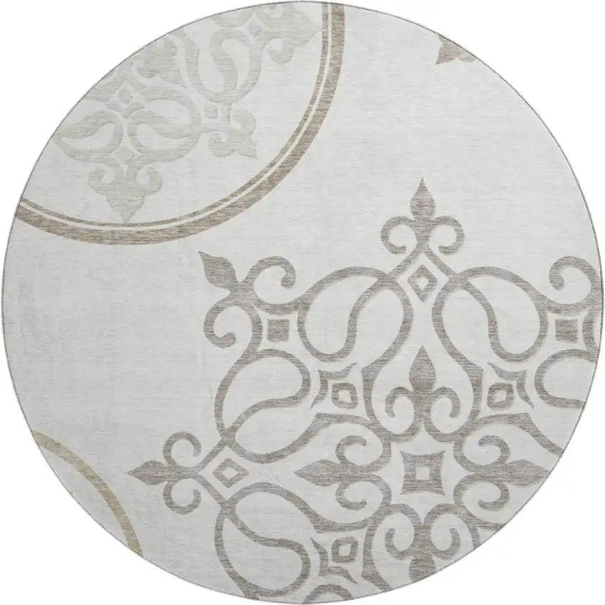 8' Ivory Beige And Tan Floral Medallion Washable Round Rug With UV Protection Photo 1
