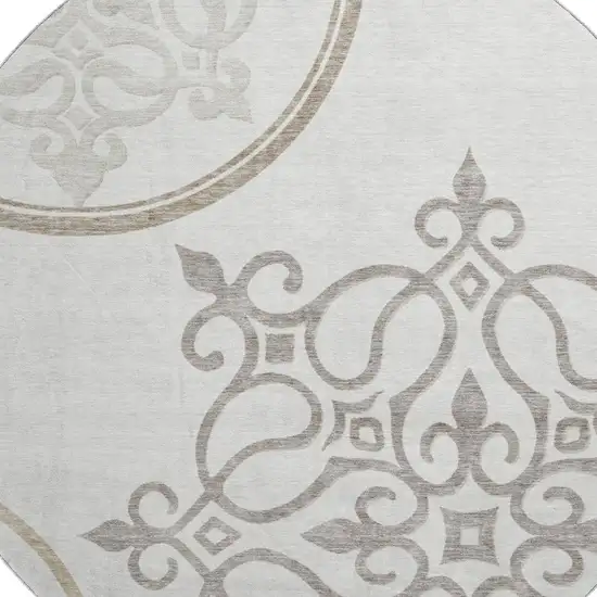 8' Ivory Beige And Tan Floral Medallion Washable Round Rug With UV Protection Photo 3