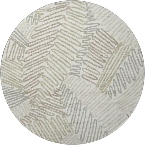 8' Ivory Beige And Tan Floral Washable Round Rug With UV Protection Photo 4
