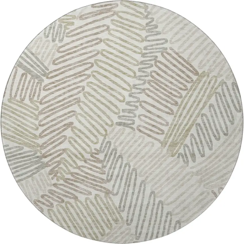 8' Ivory Beige And Tan Floral Washable Round Rug With UV Protection Photo 4