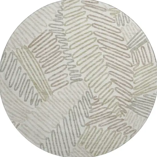 8' Ivory Beige And Tan Floral Washable Round Rug With UV Protection Photo 3