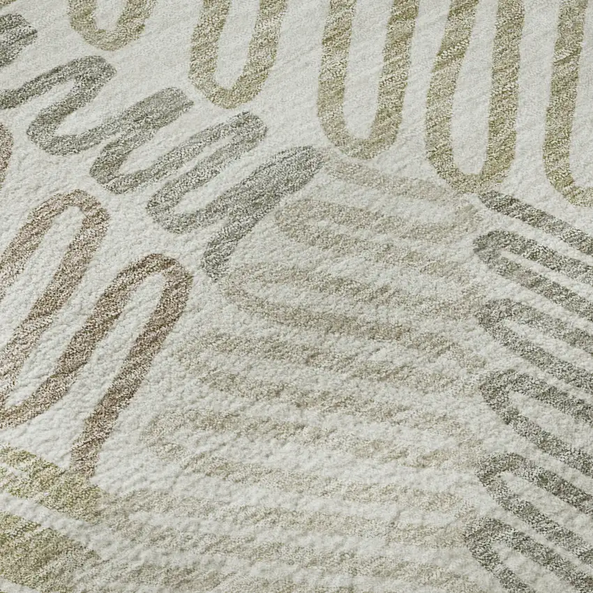 8' Ivory Beige And Tan Floral Washable Round Rug With UV Protection Photo 9