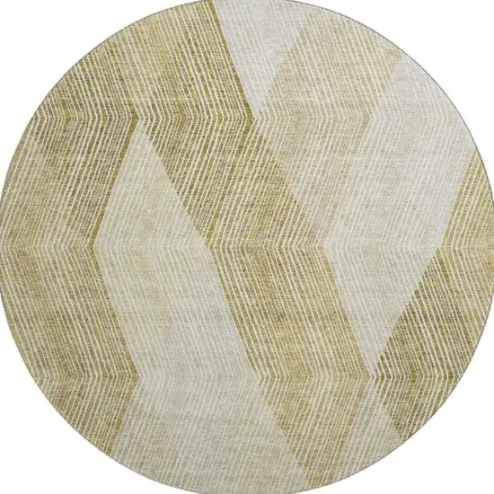 8' Ivory Beige And Tan Geometric Washable Round Rug With UV Protection Photo 3