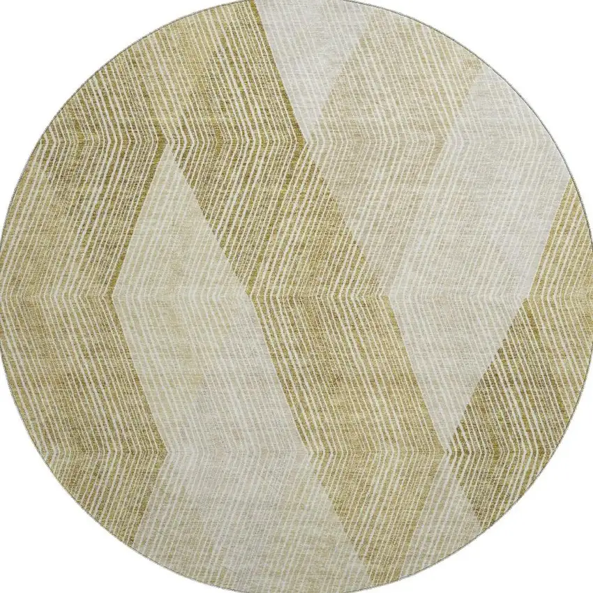 8' Ivory Beige And Tan Geometric Washable Round Rug With UV Protection Photo 3