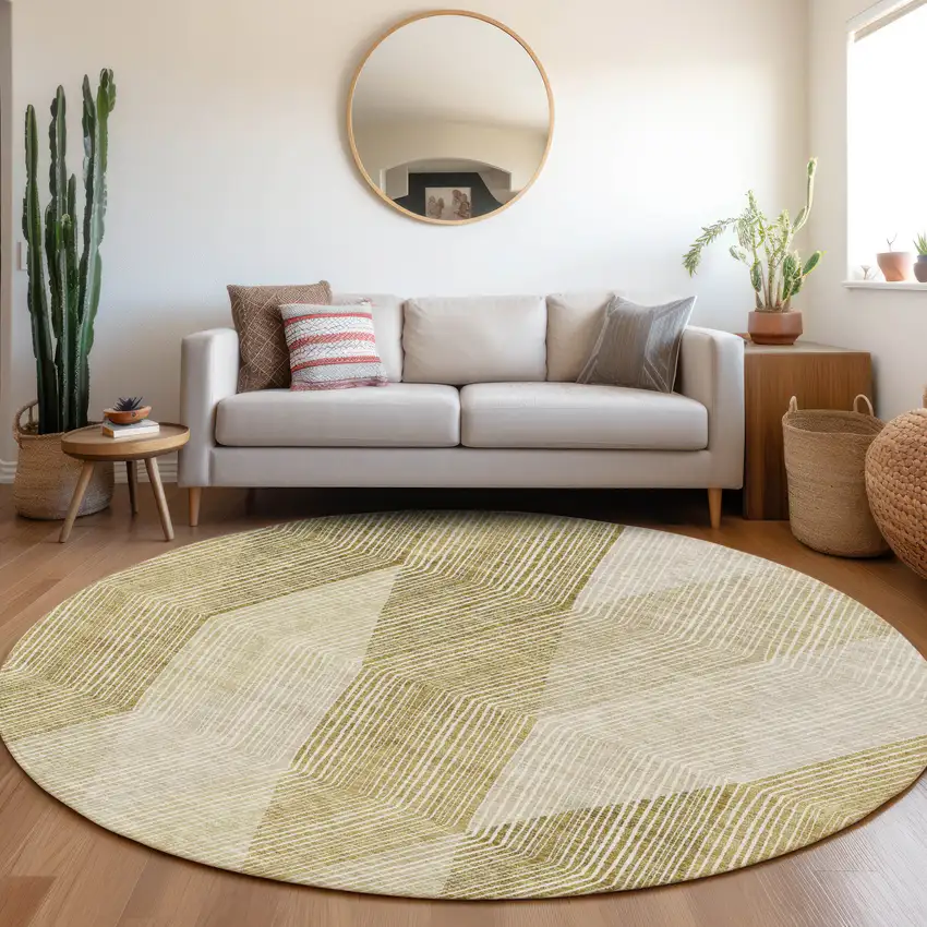 8' Ivory Beige And Tan Geometric Washable Round Rug With UV Protection Photo 4
