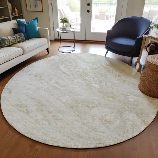 8' Ivory Beige And Tan Round Abstract Washable Indoor Outdoor Area Rug Photo 7