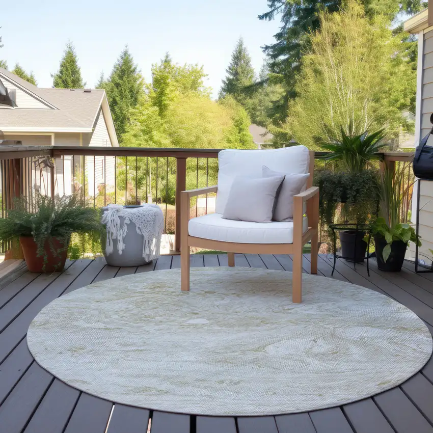 8' Ivory Beige And Tan Round Abstract Washable Indoor Outdoor Area Rug Photo 6