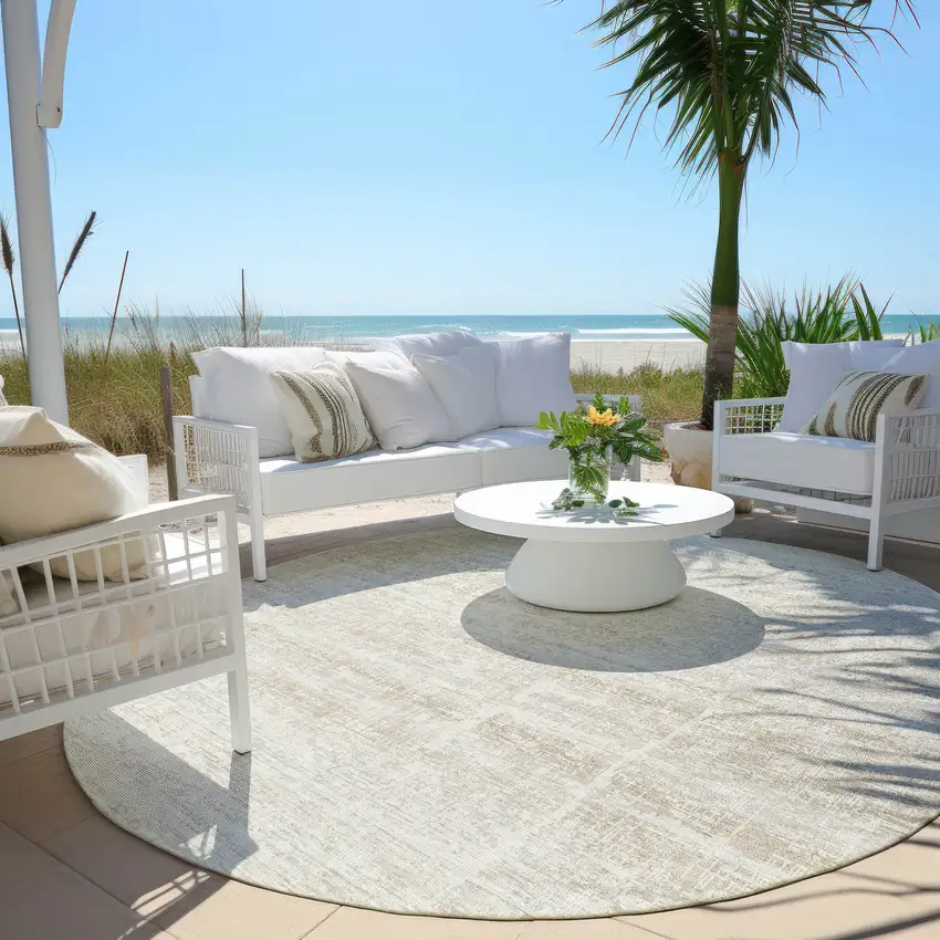 8' Ivory Beige And Tan Round Abstract Washable Indoor Outdoor Area Rug Photo 6