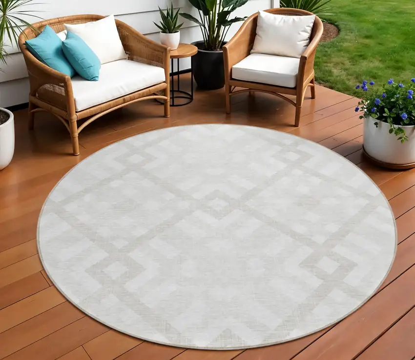8' Ivory Beige And Tan Round Geometric Washable Indoor Outdoor Area Rug Photo 1