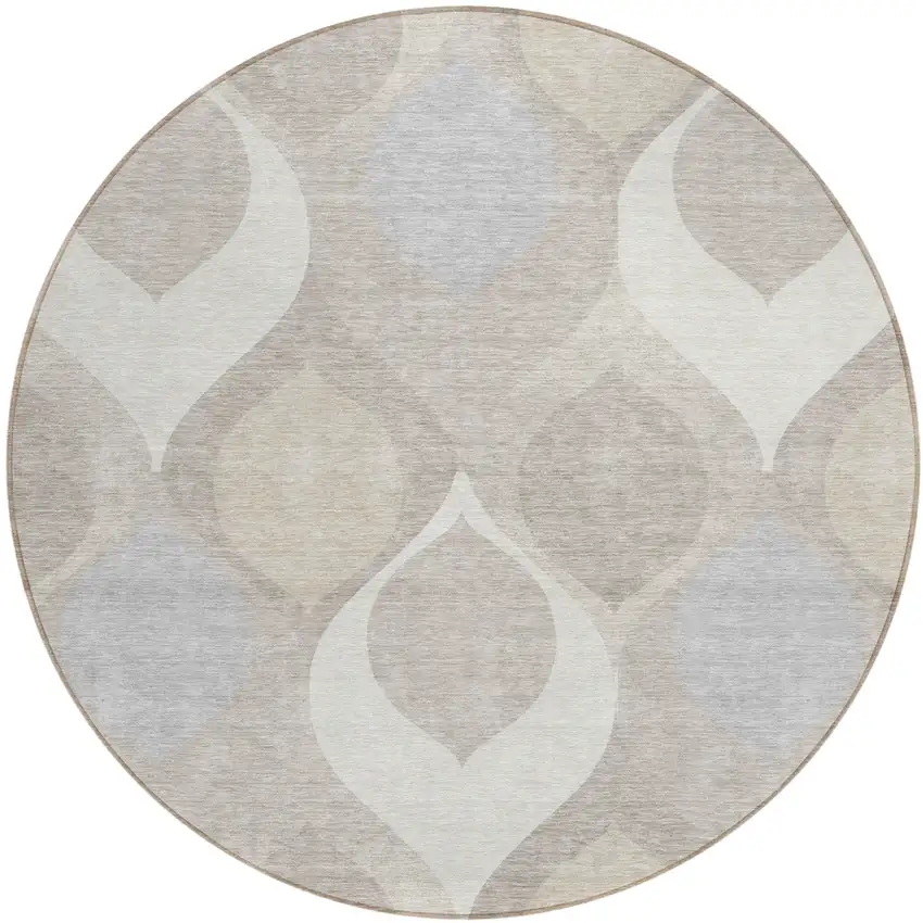 8' Ivory Beige And Tan Round Ogee Washable Indoor Outdoor Area Rug Photo 1