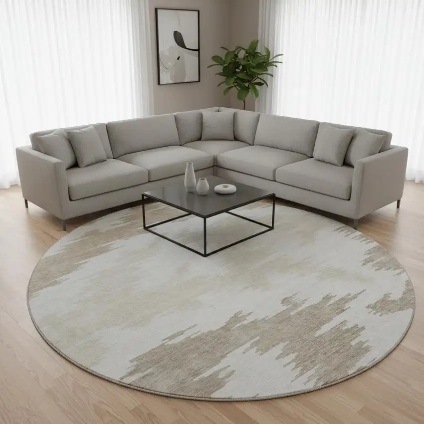 8' Ivory Beige And Taupe Abstract Washable Round Rug With UV Protection Photo 2