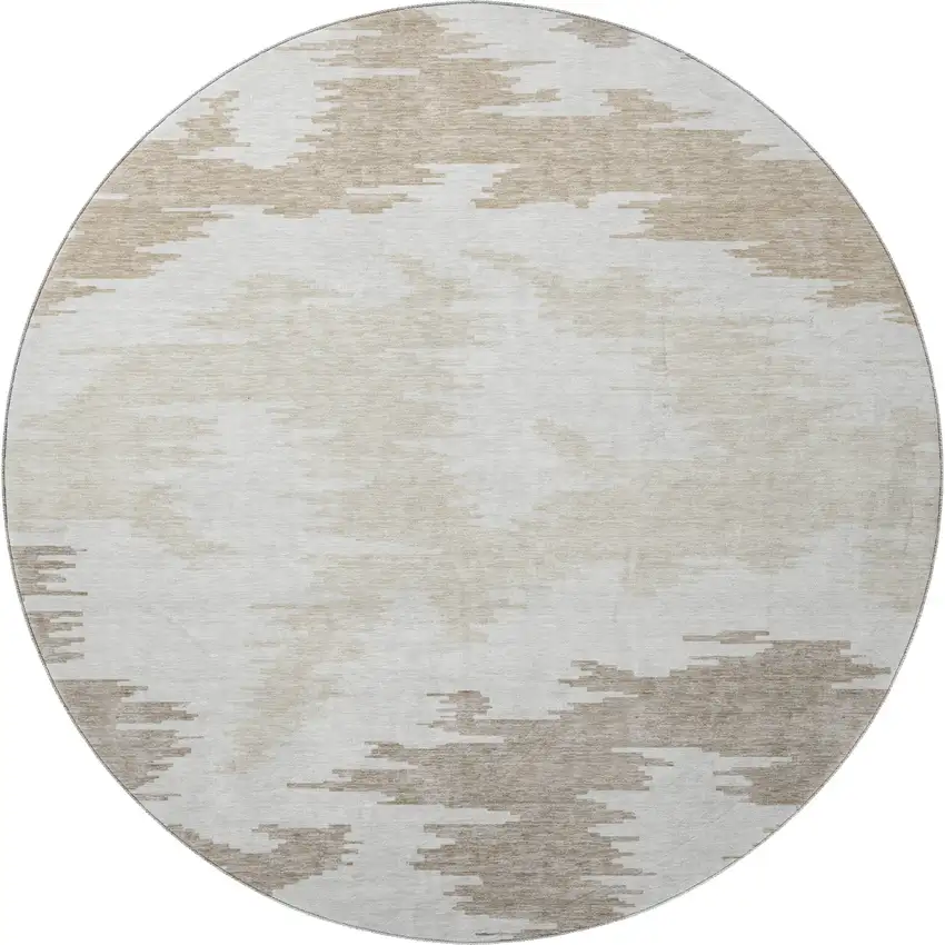 8' Ivory Beige And Taupe Abstract Washable Round Rug With UV Protection Photo 4