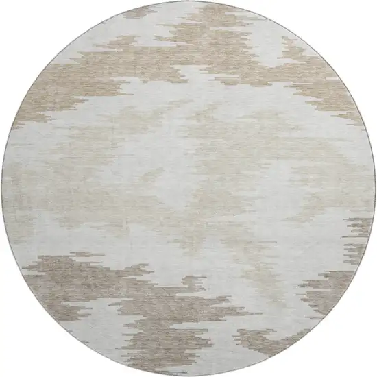 8' Ivory Beige And Taupe Abstract Washable Round Rug With UV Protection Photo 1