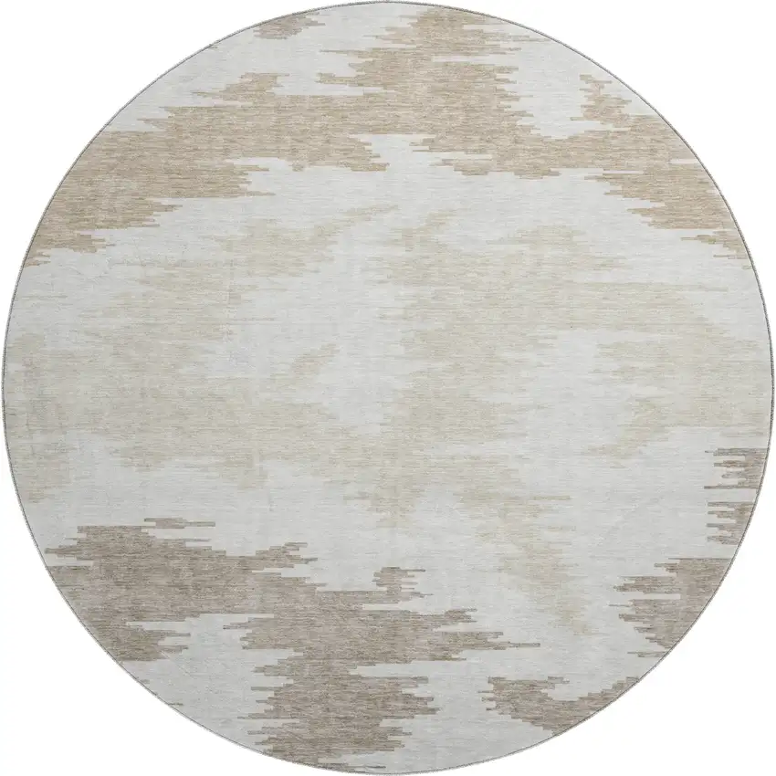 8' Ivory Beige And Taupe Abstract Washable Round Rug With UV Protection Photo 1