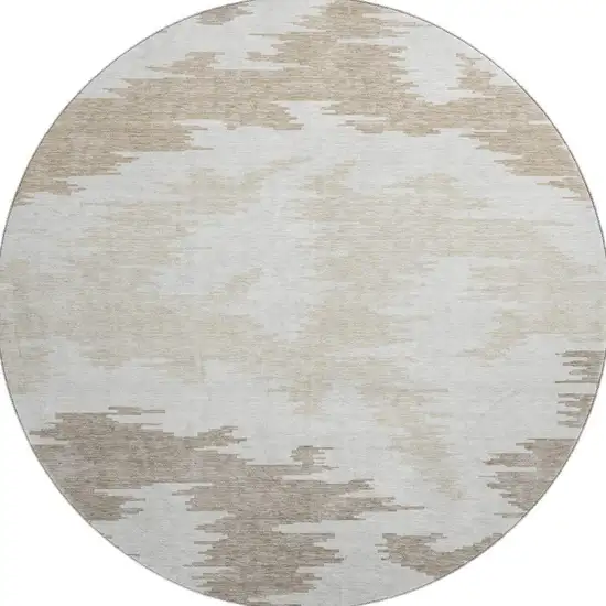 8' Ivory Beige And Taupe Abstract Washable Round Rug With UV Protection Photo 3