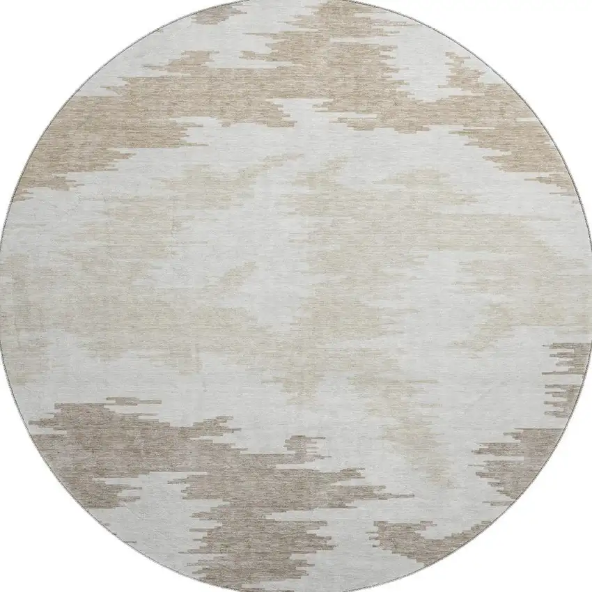 8' Ivory Beige And Taupe Abstract Washable Round Rug With UV Protection Photo 3