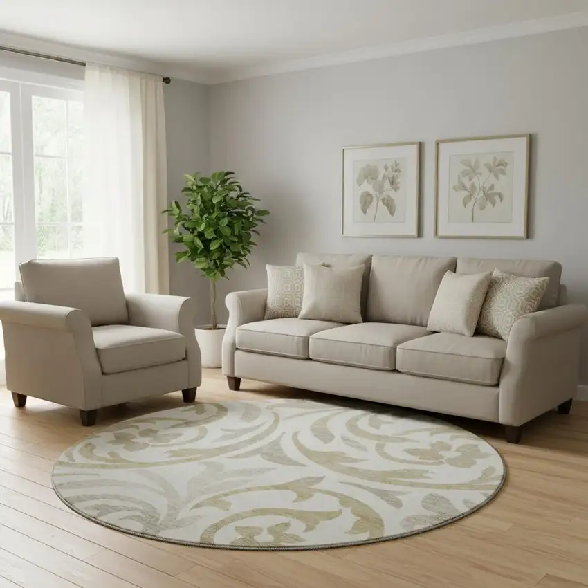 8' Ivory Beige And Taupe Floral Washable Round Rug With UV Protection Photo 1