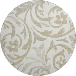 Photo of 8' Ivory Beige And Taupe Floral Washable Round Rug With UV Protection