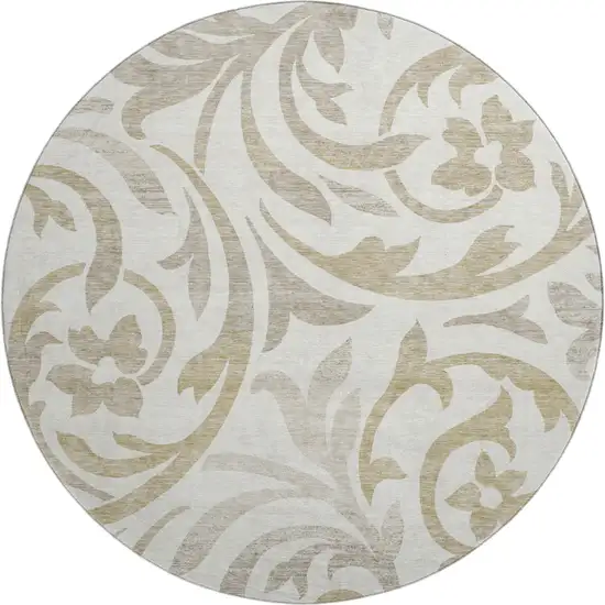 8' Ivory Beige And Taupe Floral Washable Round Rug With UV Protection Photo 1