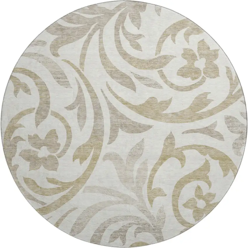 8' Ivory Beige And Taupe Floral Washable Round Rug With UV Protection Photo 1