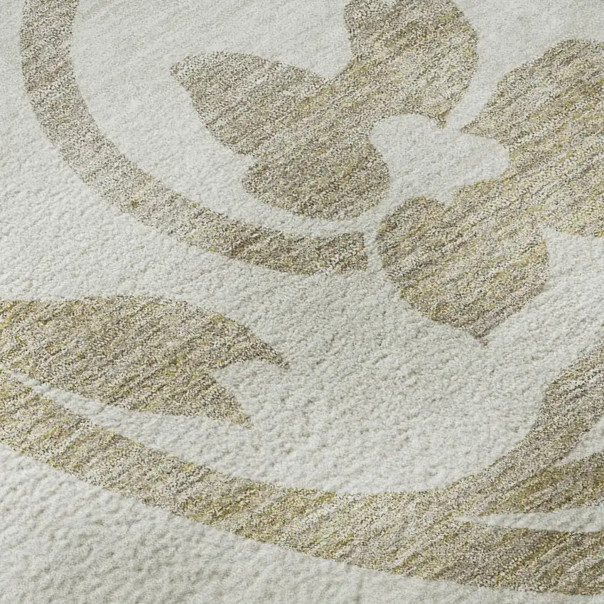 8' Ivory Beige And Taupe Floral Washable Round Rug With UV Protection Photo 9