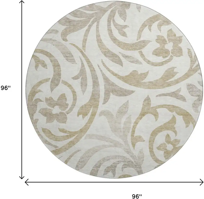 8' Ivory Beige And Taupe Floral Washable Round Rug With UV Protection Photo 3