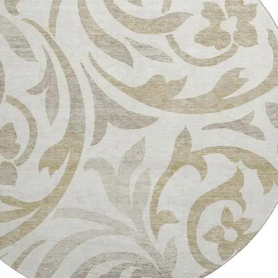 8' Ivory Beige And Taupe Floral Washable Round Rug With UV Protection Photo 3